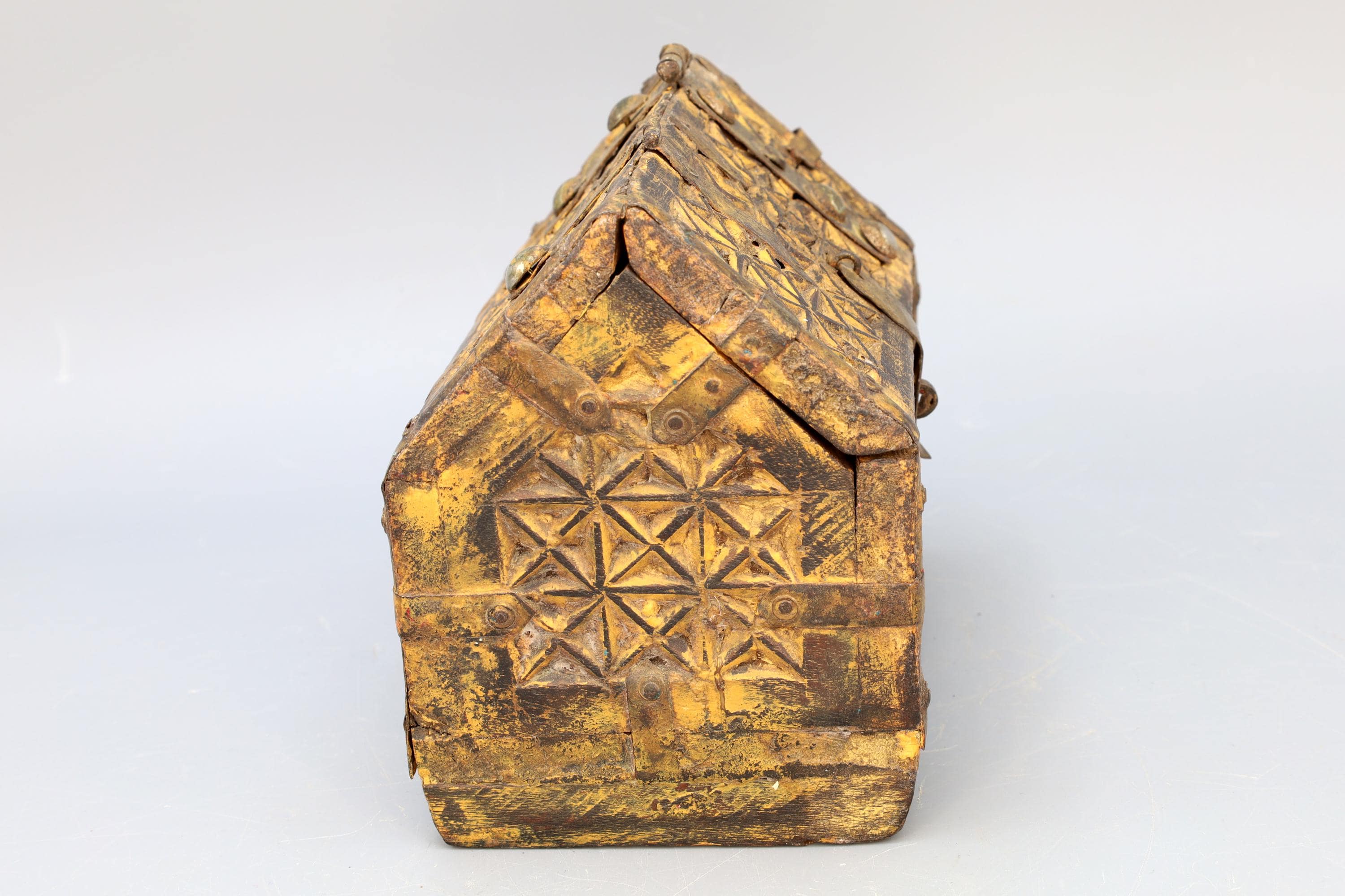 Antique 19th Century Jewelry Chest, Colonial India. Ethnic Rustic Wooden Trunk Box, South Asia Folk Art, Oriental Crafts And Collectibles