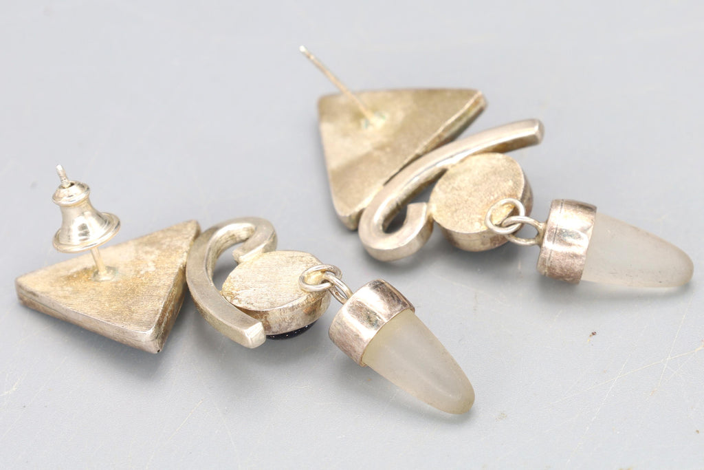 Vintage 1990s Postmodern Jewelry, Dangle Earrings, Sterling Silver, Hematite, Diachronic Glass And Quartz