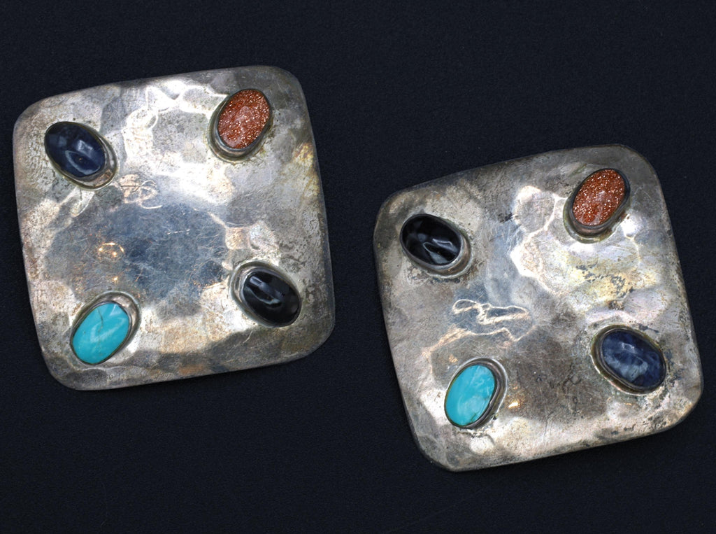 Vintage Taxco Mexico Jewelry, Modernist Earrings Made With 925 Sterling Silver And 8 Cabochons Of Gemstones, Hammered Square Silver Loaf