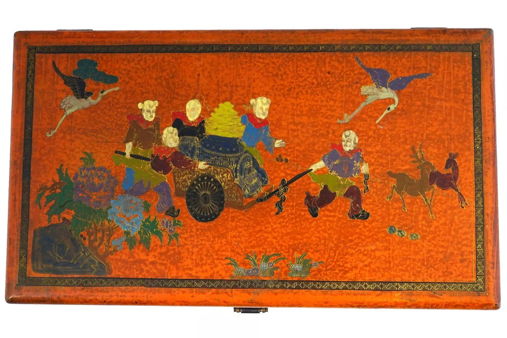Antique Early 20th Century, Chinese Republic Period, Lacquered Wooden Jewelry Box Adorned With Good Luck Children Figures On The Cover