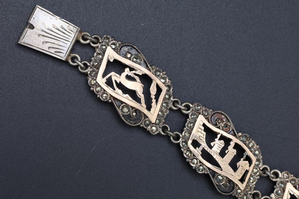 Art Deco Panel Bracelet, 900 Silver And Rose Gold. Greek Jewelry From The Mid Century, Landmarks Of Greece And Aegean Islands, Marcasite