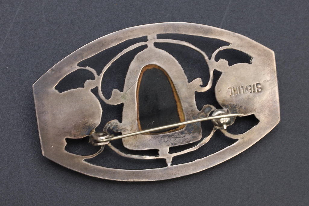 Art Deco Jewelry From Mexico, A Mid Century Brooch Pin On Neo Aztec Design, Sterling Silver And Carved Black Onyx, Retro Ethnic Fashion Art
