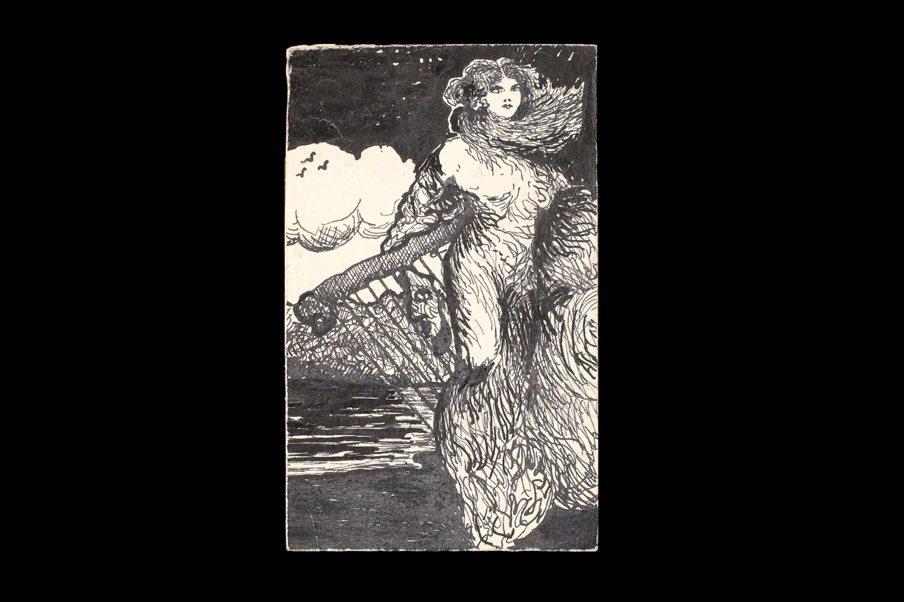 Muse of The Artist, Antique 1900s Art Nouveau Ink Painting On Paper By Paulo Antonini, Signed, Italian American Miniature Female Portrait