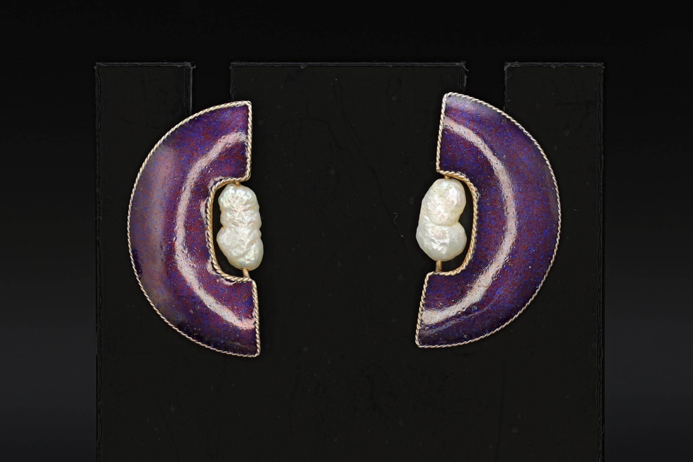 Stud Earrings, Purple Enamel And Fresh Water Pearls, Gold Gilt Vermeil On Sterling Silver, Vintage Fashion Accessories Modernist Design