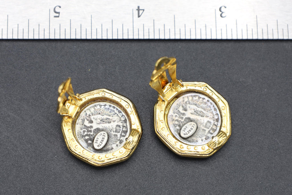 Vintage Kenneth Jay Lane Jewelry, Clip On Earrings With Roman Coin And Clear Stone Accents On Gold Tone Base