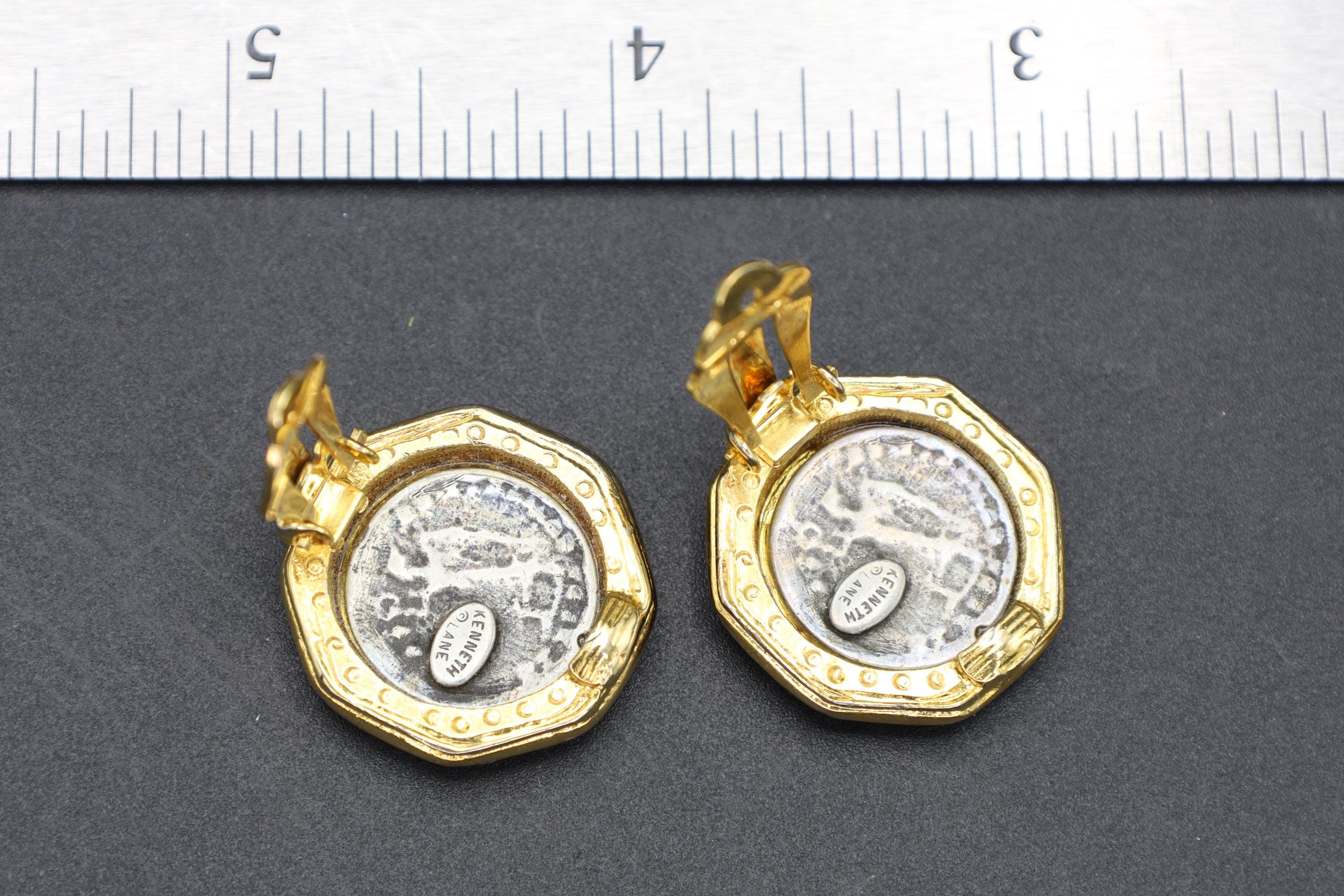 Vintage Kenneth Jay Lane Jewelry, Clip On Earrings With Roman Coin And Clear Stone Accents On Gold Tone Base