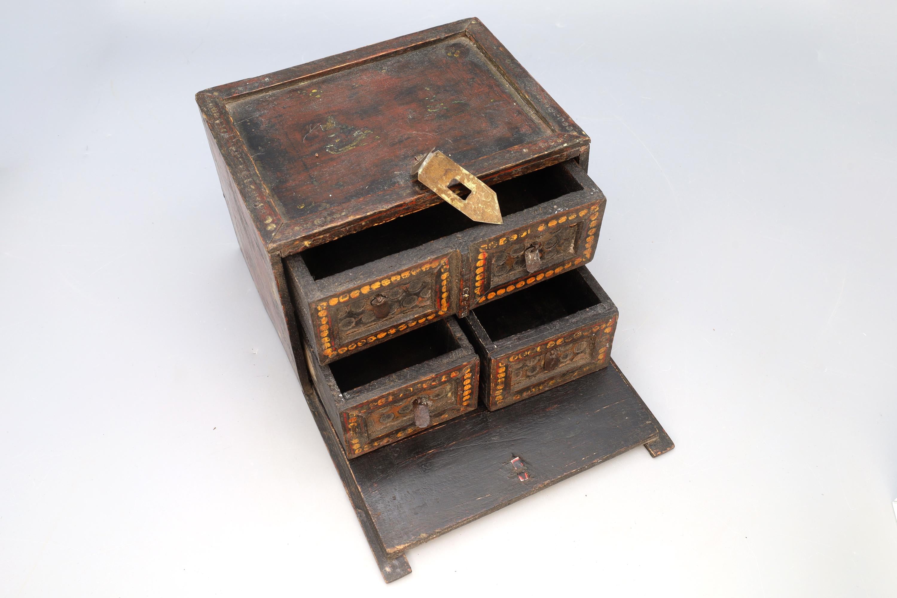 Antique 19th Century Jewelry Box With Drawers, Rajasthan India. Ethnic Rustic Cabinet, South Asia Folk Art, Oriental Crafts And Collectibles