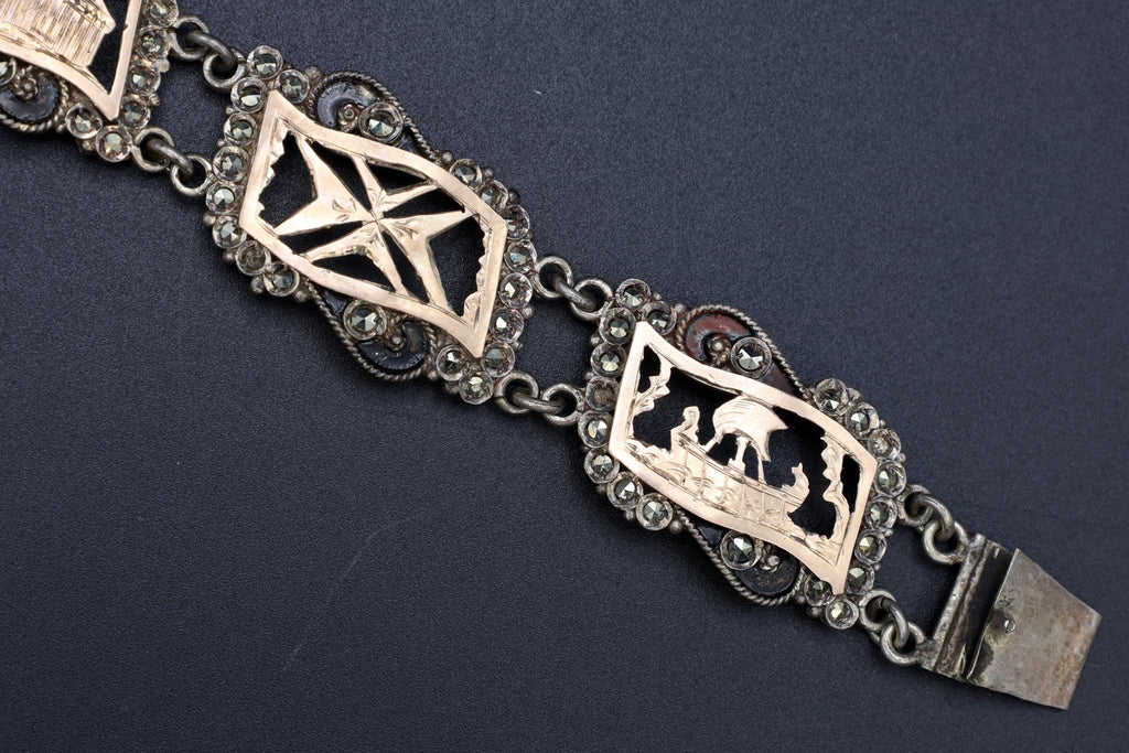 Art Deco Panel Bracelet, 900 Silver And Rose Gold. Greek Jewelry From The Mid Century, Landmarks Of Greece And Aegean Islands, Marcasite