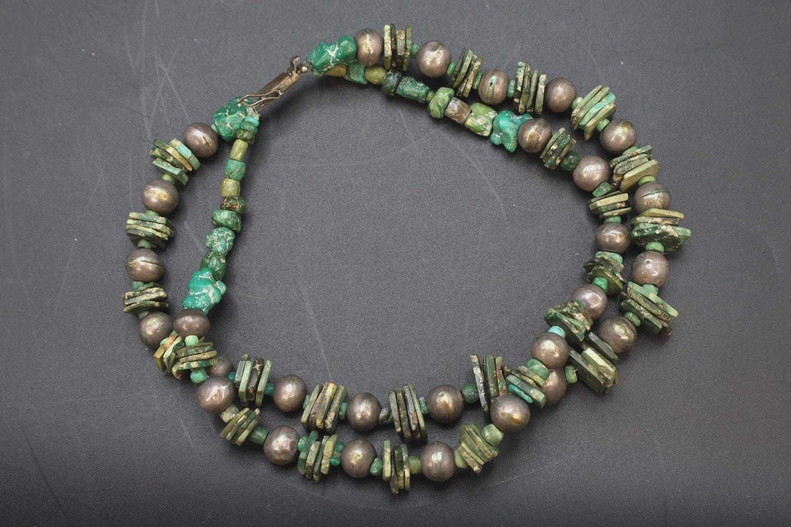 Ancient Pre-Columbian Gemstone Beads Collection, 14th Century AD Inca Aymara Beaded Necklace In Two Strands With Sterling Spacers