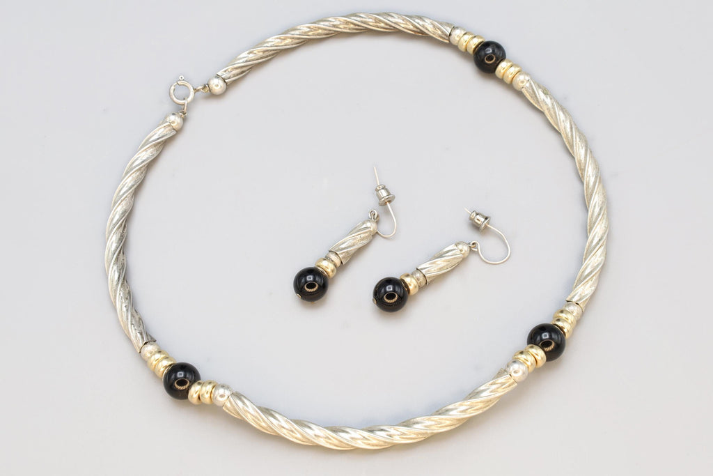 Vintage Jewelry Set, Link Necklace And Dangle Earrings, Sterling Silver, Gold Wash And Jet Black Glass