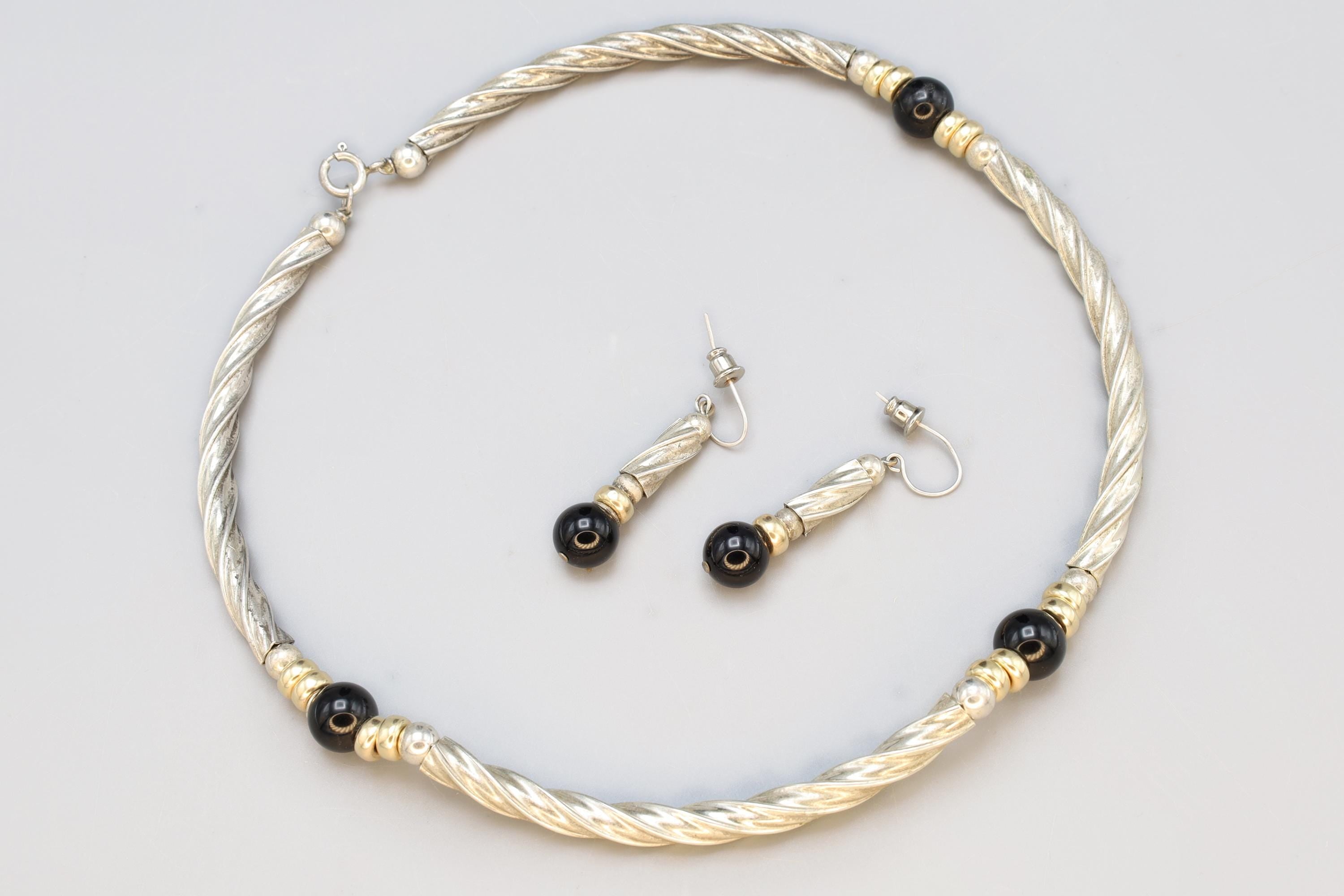 Vintage Jewelry Set, Link Necklace And Dangle Earrings, Sterling Silver, Gold Wash And Jet Black Glass