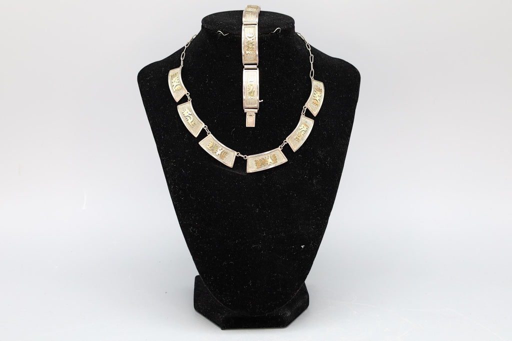 Vintage 1950s Jewelry Set, Inca Quechua 900 Silver And 18 karat Yellow Gold With Hallmarks, Necklace And Bracelet, Art Deco Fashion