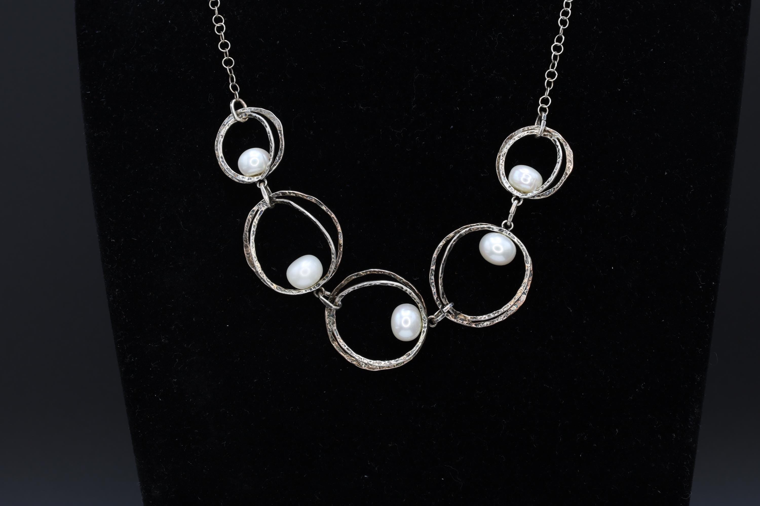 Brutalist Israel Bib Necklace, 925 Sterling Silver And Pearls, Modernist Designs By RL Regina Lane, Modernist Fashion Accessories