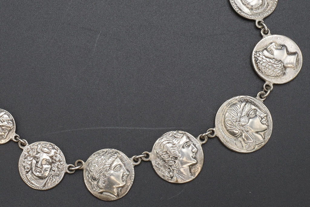 Ancient Greek Coins Necklace, A Vintage 800 Silver Bib Chain Medallion Panel Necklace From Germany, Circa 1960s Fashion Jewelry Accessories