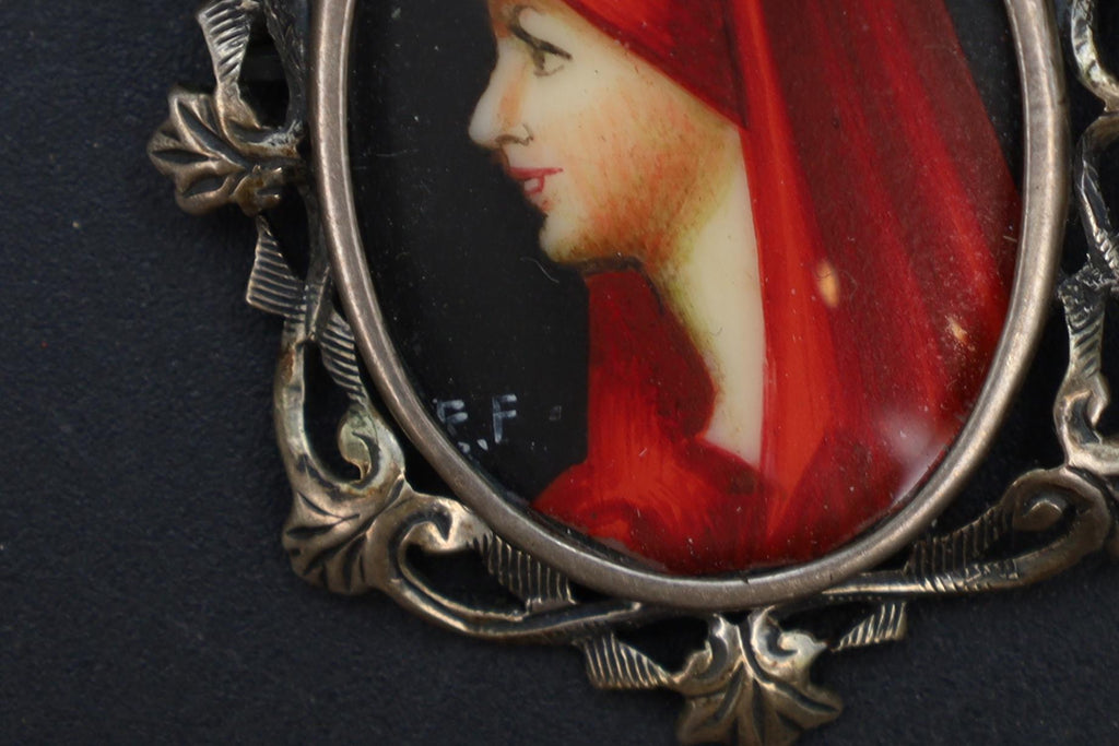 Saint Fabiola Of Rome, Antique 800 Silver Brooch Pin With A Hand Painted Religious Icon Medaillon, Italy 925 Silver Braided Chain Jewelry