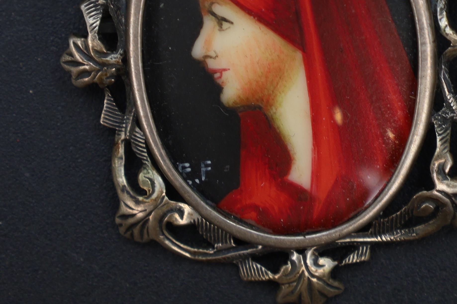 Saint Fabiola Of Rome, Antique 800 Silver Brooch Pin With A Hand Painted Religious Icon Medaillon, Italy 925 Silver Braided Chain Jewelry