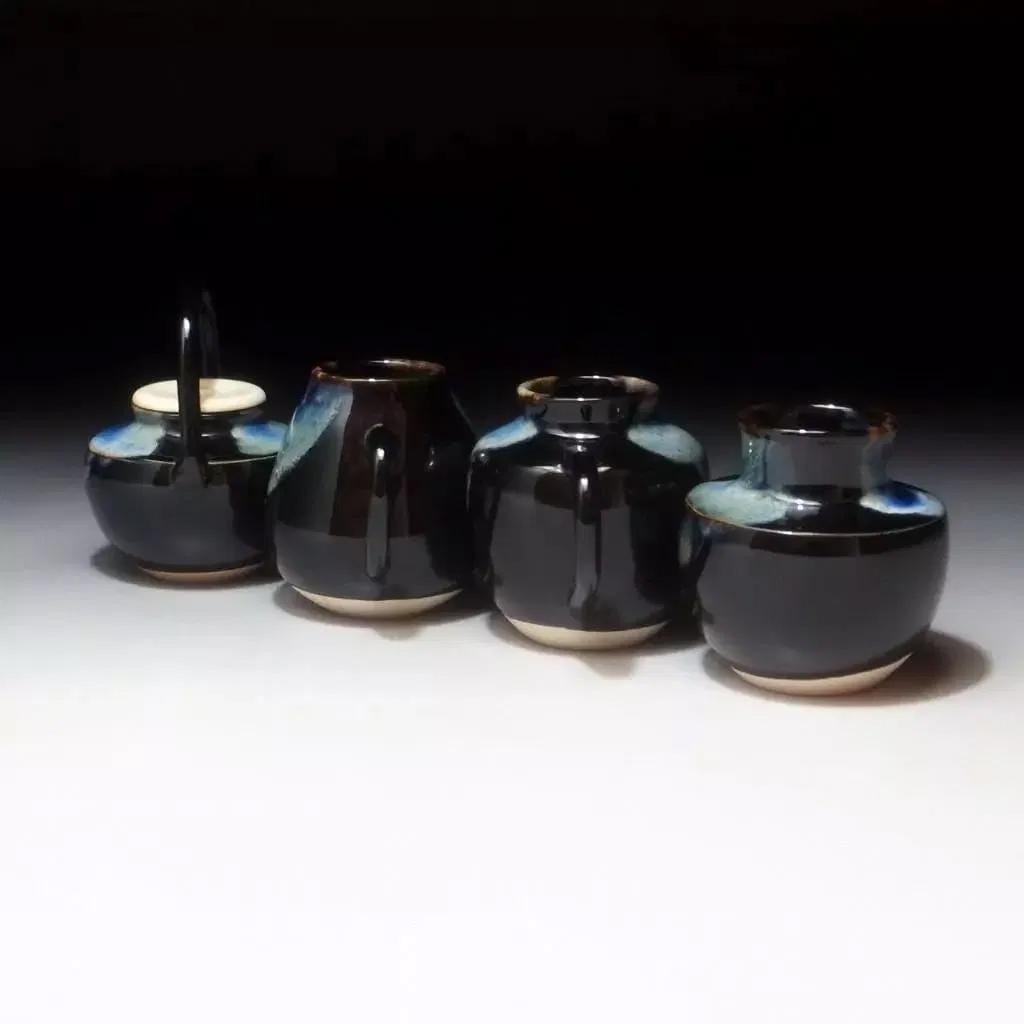 Iwao Yamakawa, Vintage 1980s Japanese Tea Caddies Shiteki, Takatori Ware, Four Seasons Set, Asia Japan Pottery Art