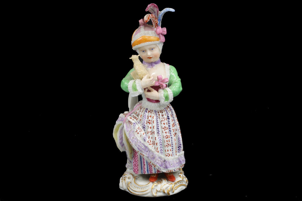 Antique Meissen Porcelain Art Figure Of A Young Girl With Toy Lamb And Feathered Cap. Folk European Farm Lady, 19th Century Germany