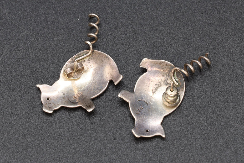 Vintage 1988 ELLES Pig Earrings, Crescent Moon 925 Sterling Silver Hallmarks, American Studs, Southwestern Womens Jewelry Animal Art