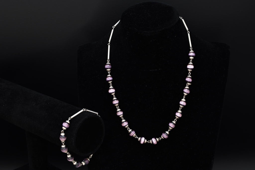 Purple Cats Eye Glass Necklace And Bracelet, 925 Sterling Silver And Round Cap End Capsule Link, Modernist Jewelry Set