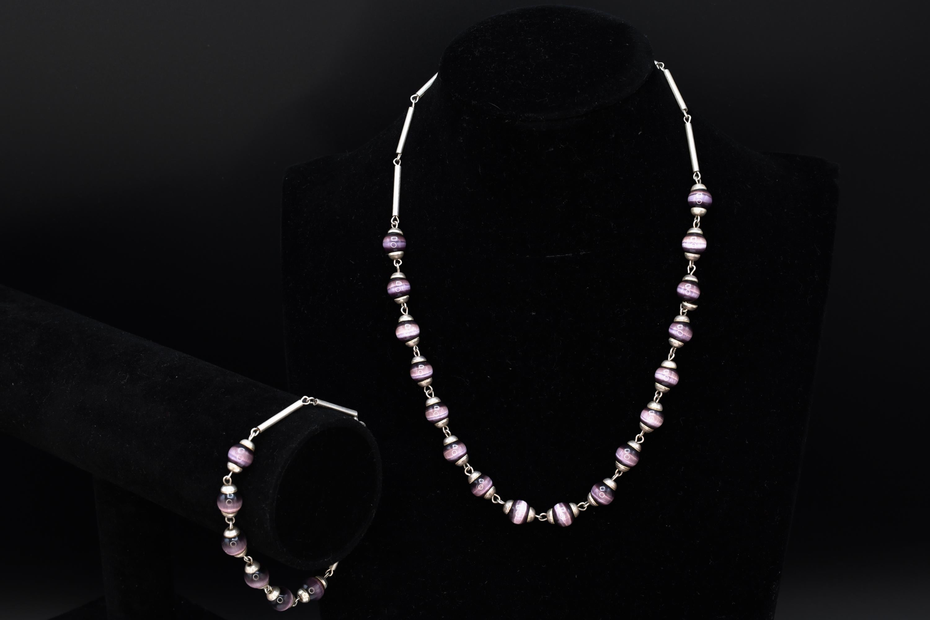 Purple Cats Eye Glass Necklace And Bracelet, 925 Sterling Silver And Round Cap End Capsule Link, Modernist Jewelry Set