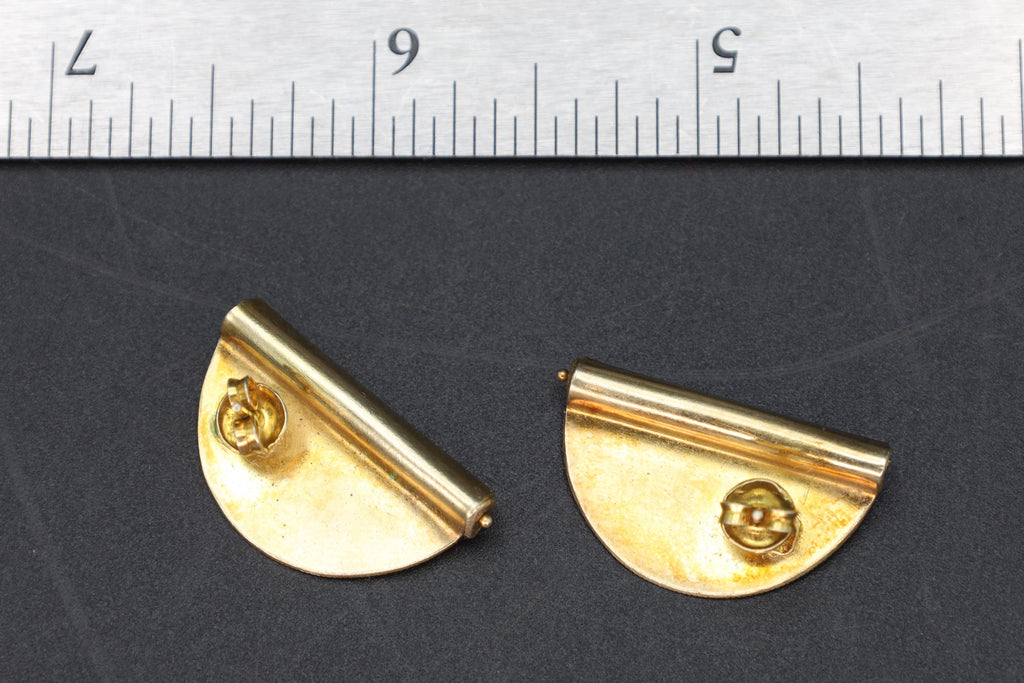 Large Stud Earrings, Green Enamel And Fresh Water Pearls, Gold Gilt Vermeil On Sterling, Modernist Design, Vintage Fashion Accessories