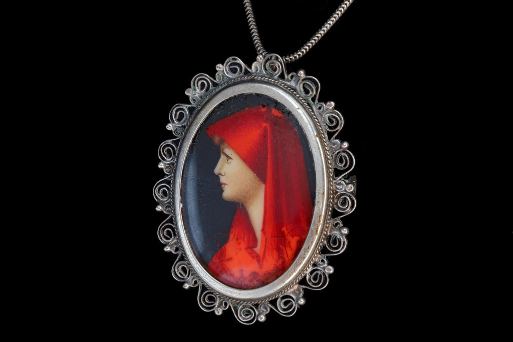 Saint Fabiola Of Rome, Antique 800 Silver Brooch Pin With A Hand Painted Religious Icon Medaillon, Italy 925 Silver Cable Chain Jewelry