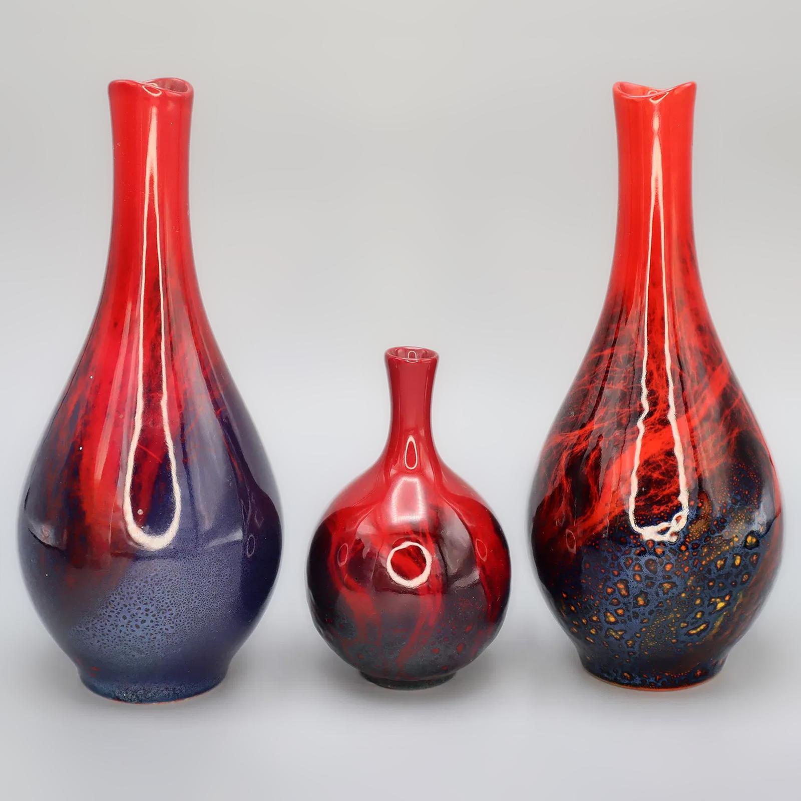 A Group Of 3 Flower Vases, Flambe Veined And Glazed Vases Made By Renowned English Pottery, Royal Doulton, Early 20th Century Pottery Art