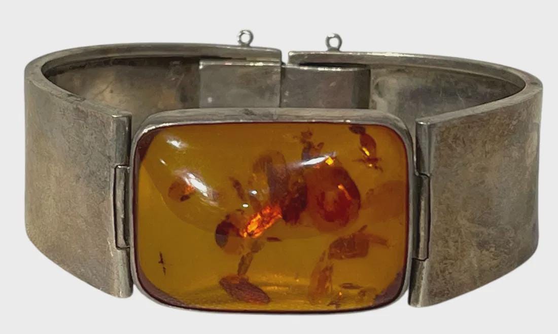 Vintage Amber Resin Hinged Bangle Bracelet, Not Signed, Not Hallmarked. Geometric Modernist Jewelry Design