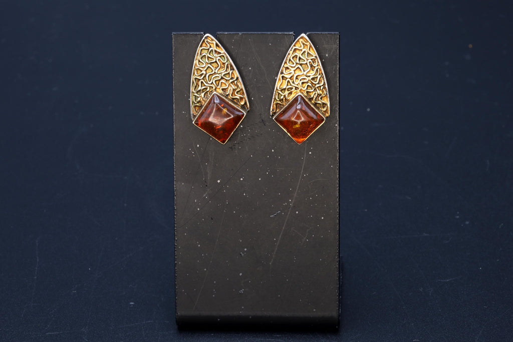 Large Stud Earrings, Gilt 925 Sterling Silver And Amber Resin Cabochon, Brutalist Design With Textured Surface, Retro Fashion Accessories