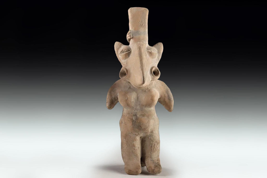 Ancient Pre Columbian Jalisco Pottery Female Standing Figure With Long Head, Dated As Between 300 BCE to 300 AD, Mexican Mesoamerica Art