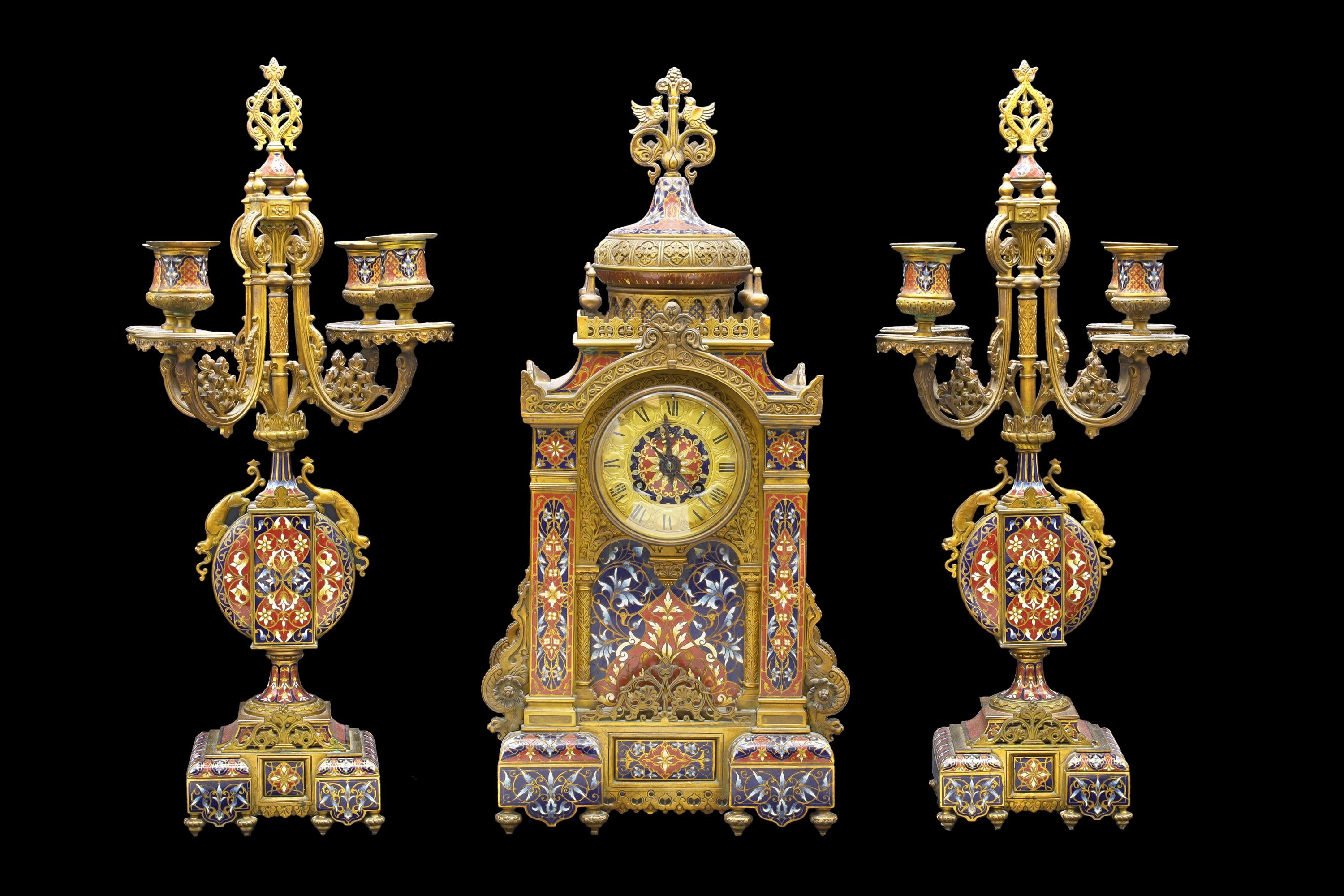 Late 19th Century, Clock And Candelabra Set Morish Style Retailed By Tiffany's In France, Art Nouveau Set