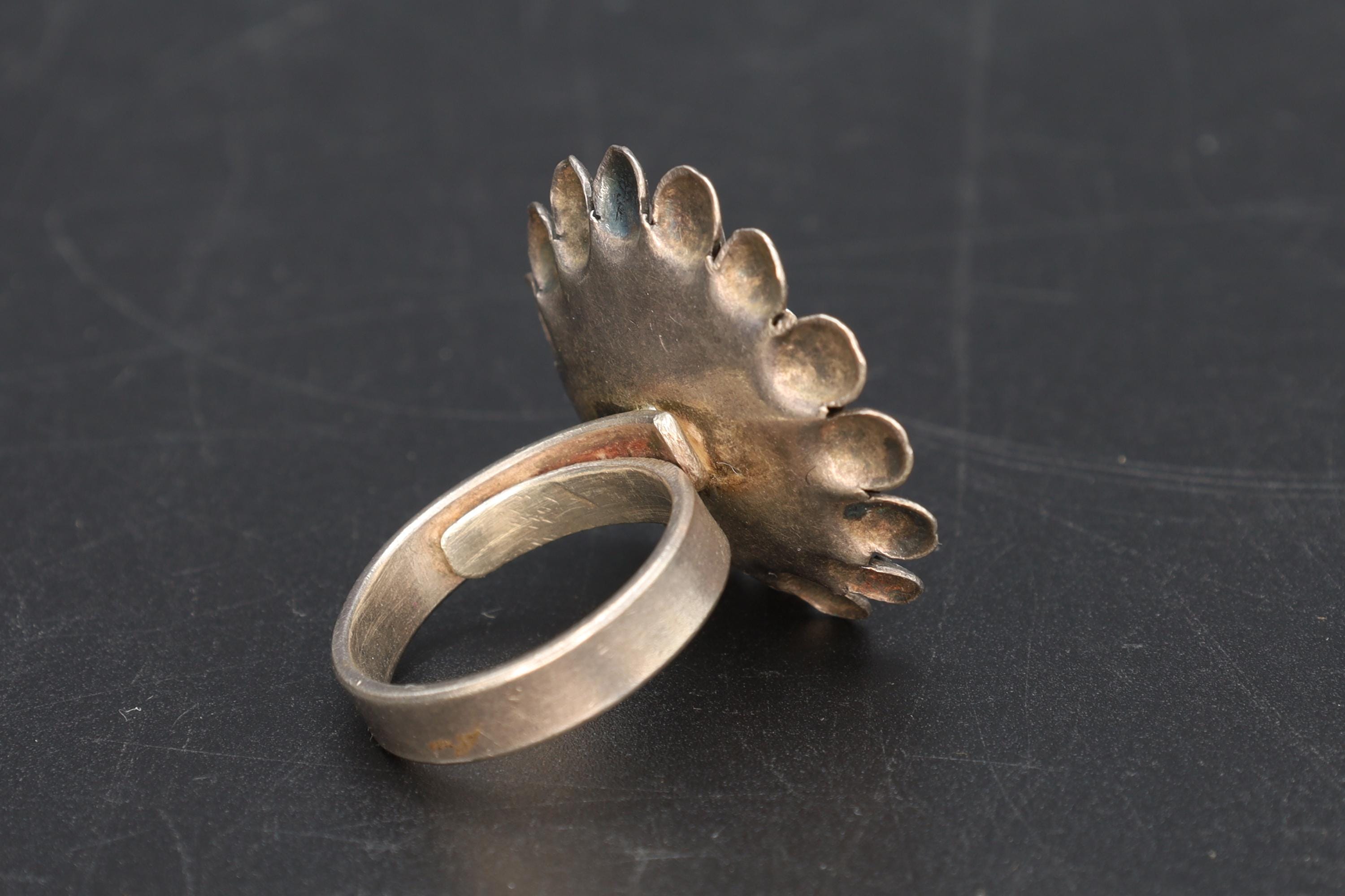 Dandelions Flower Ring Size 9 USA Charts And Adjustable, Artisan Jewelry Piece Tested 925 Sterling Silver, Handmade Women's Statement Ring