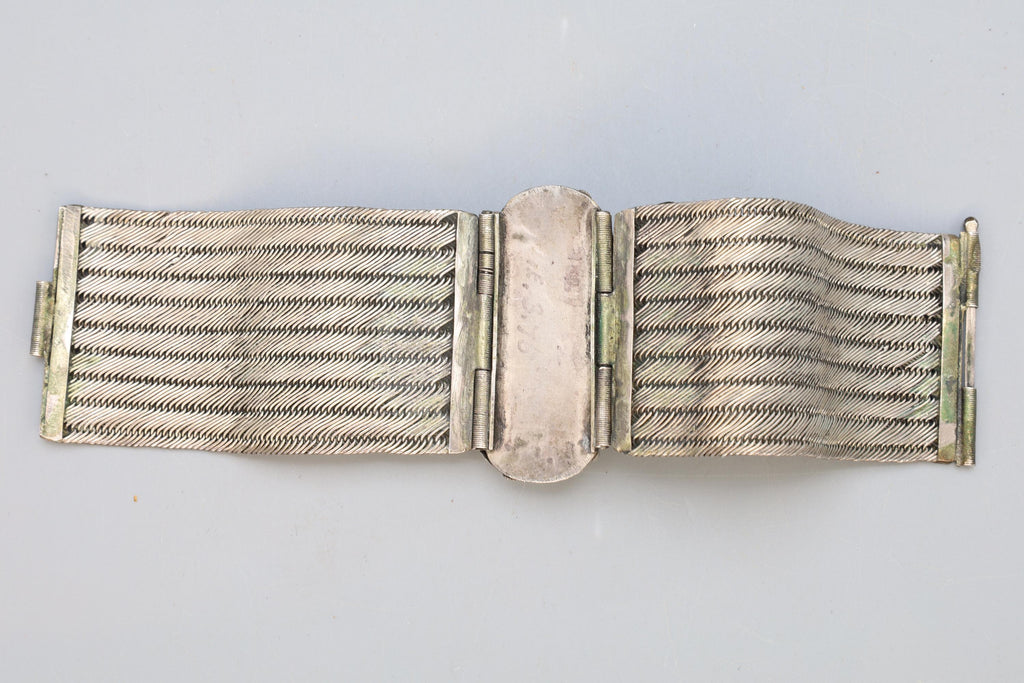 Vintage 1980s Southwestern Americana Jewelry, Wide Sterling Mesh And Gemstones Bracelet