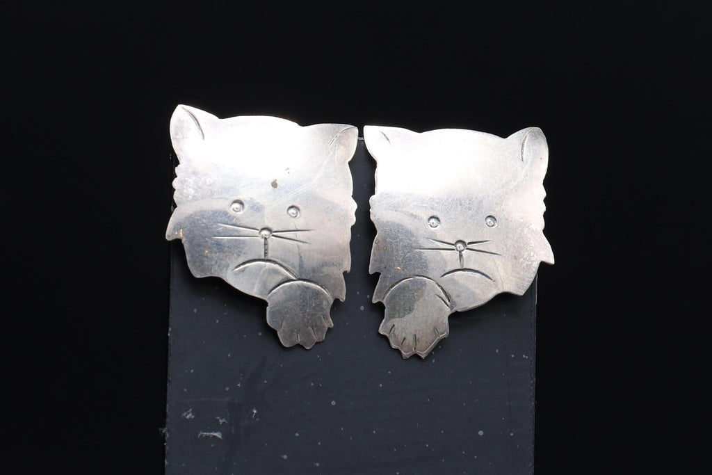 Vintage 1980s Kitten Stud Earrings, MC 925 Sterling Silver Hallmarks, American Large Studs, Womens Jewelry, Cats Animal Figural Art