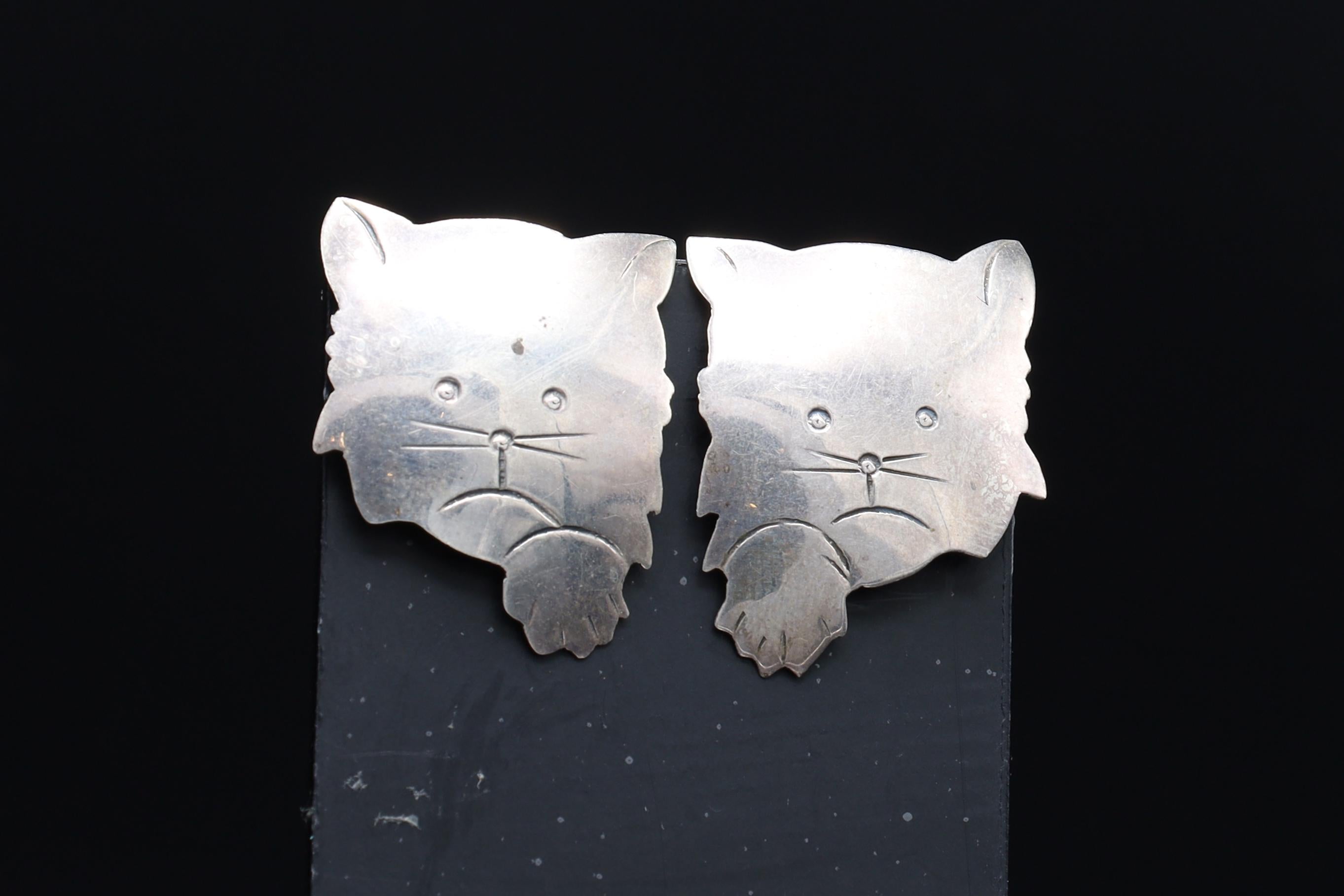 Vintage 1980s Kitten Stud Earrings, MC 925 Sterling Silver Hallmarks, American Large Studs, Womens Jewelry, Cats Animal Figural Art
