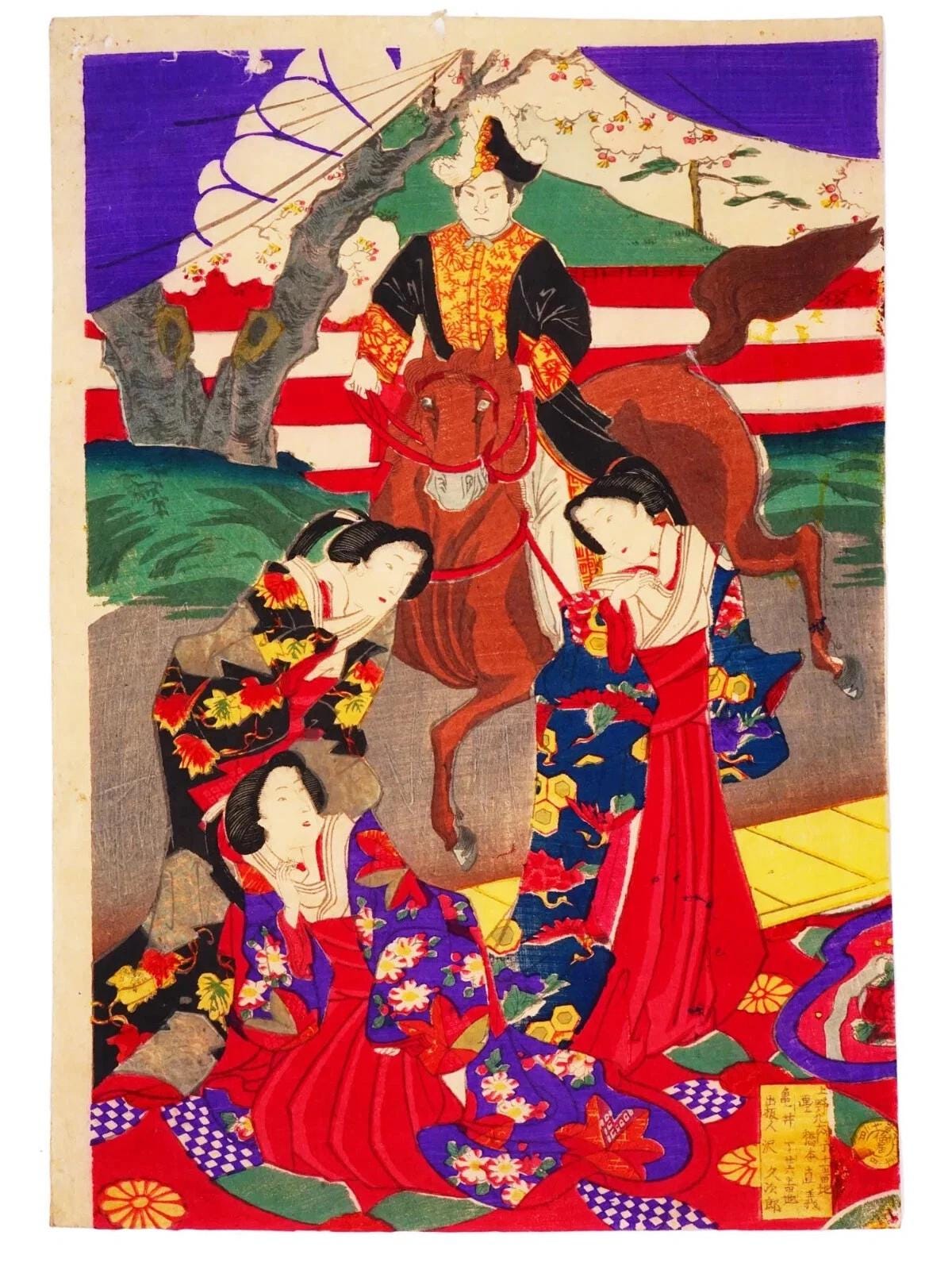 Chikanobu Yoshu, Nishiki-e Japanese Meiji Era Military Artwork Illustration Triptych, Asian Oriental Art Ukiyoe Prints
