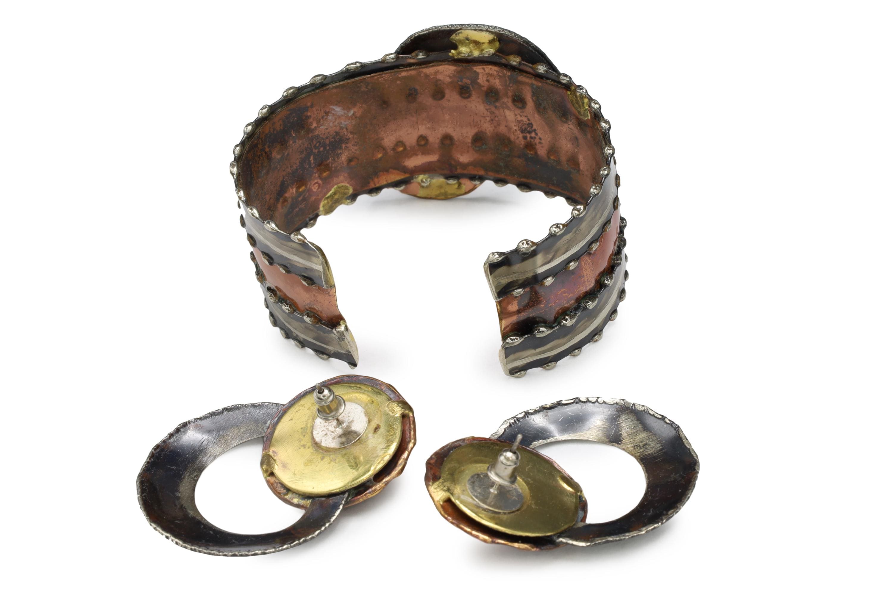 Jewelry Set By Ndebele Women Of South Africa, A Cuff Bracelet And Matching Large Pierced Stud Earrings, Mixed Media Metals, Brutalist Design